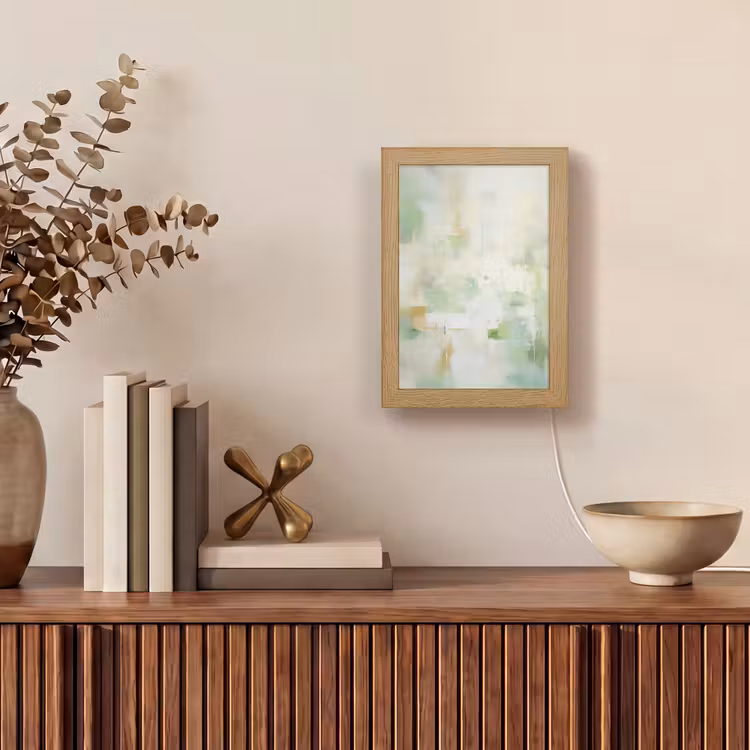Abstract - Kunst - Wit - Groen - Modern Light Box met kabel (Tafellamp) klein -sfeer2
