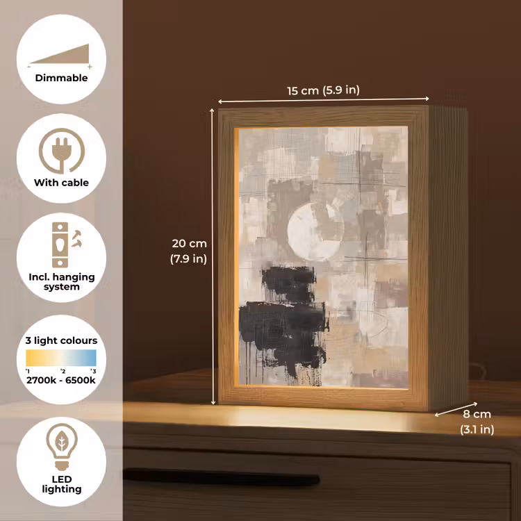 Abstract - Cirkel - Modern - Beige - Zwart - Minimalistisch Light Box met kabel (Tafellamp) klein -USP_EN