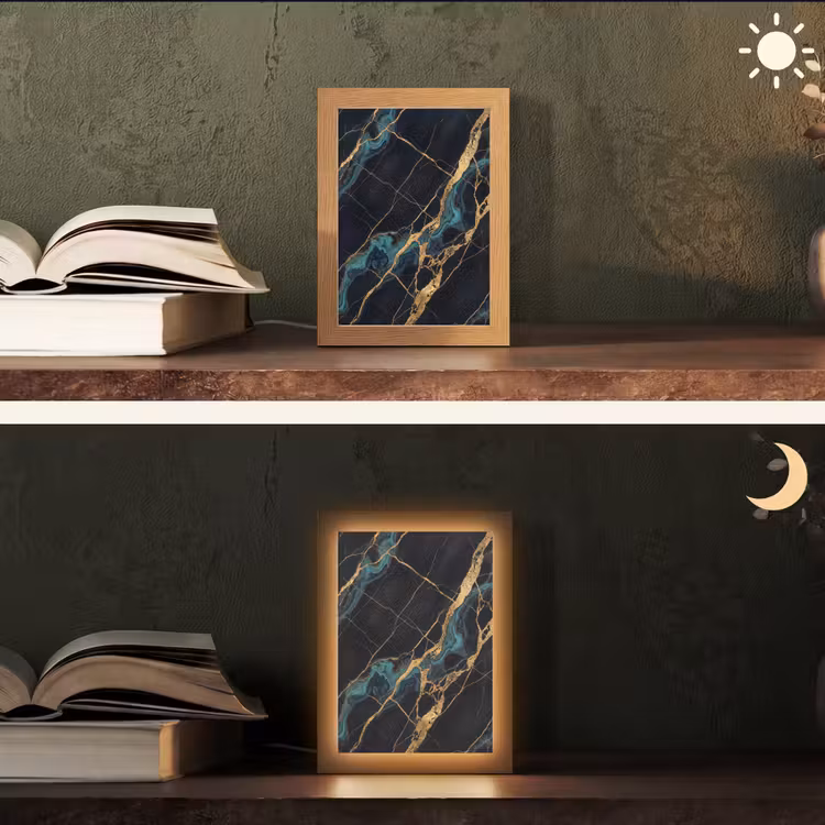 Abstract - Gouden lijnen - Kunst - Modern - Zwart Light Box met kabel (Tafellamp) klein -sfeer3