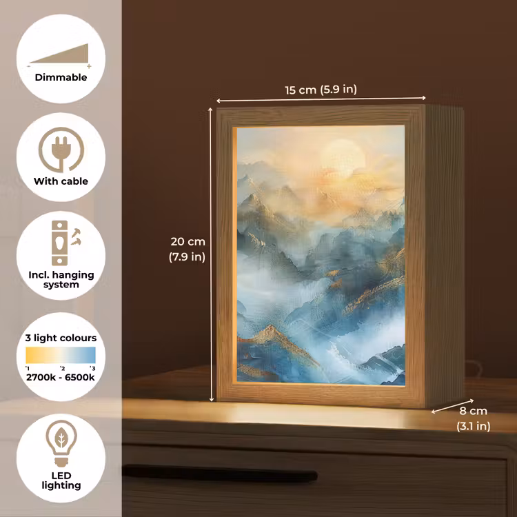 Abstract - Landschap - Bergen - Blauw - Modern Light Box met kabel (Tafellamp) klein -USP_EN