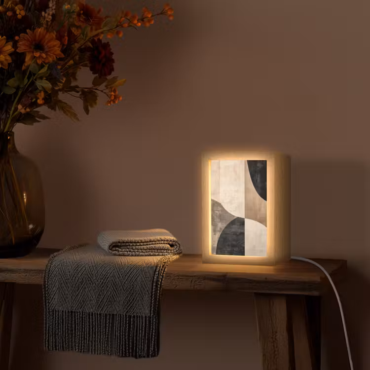 Abstract - Vlakken - Zwart - Rond Light Box met kabel (Tafellamp) klein -sfeer4