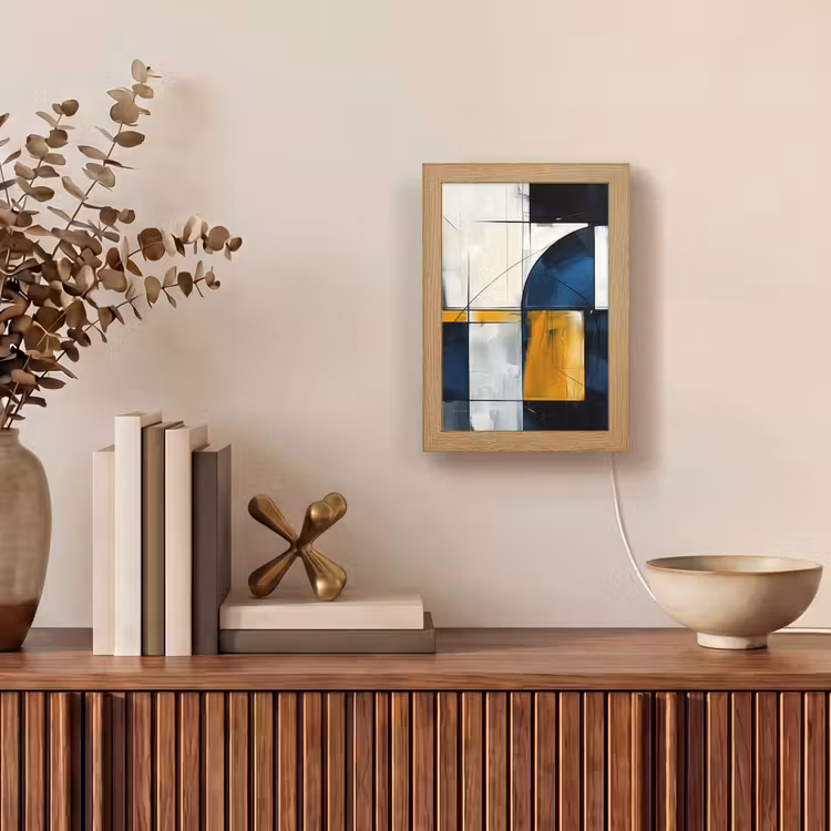 Abstract - Vormen - Goud - Blauw - Geometrisch Light Box met kabel (Tafellamp) klein -sfeer2
