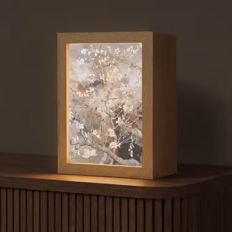 Amandelbloesem - Kunst - Van Gogh - Beige - Abstract Light Box met kabel (Tafellamp) klein -z3d_website