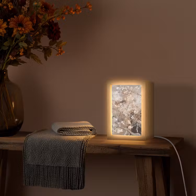 Amandelbloesem - Kunst - Van Gogh - Beige - Abstract Light Box met kabel (Tafellamp) klein -sfeer4