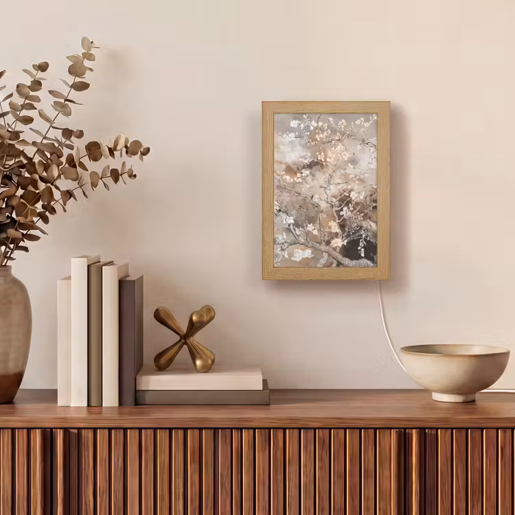 Amandelbloesem - Kunst - Van Gogh - Beige - Abstract Light Box met kabel (Tafellamp) klein -sfeer2