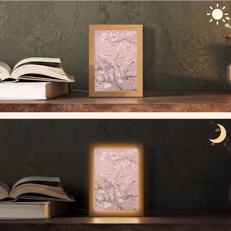 Amandelbloesem - Kunst - Van Gogh - Roze Light Box met kabel (Tafellamp) klein -sfeer3