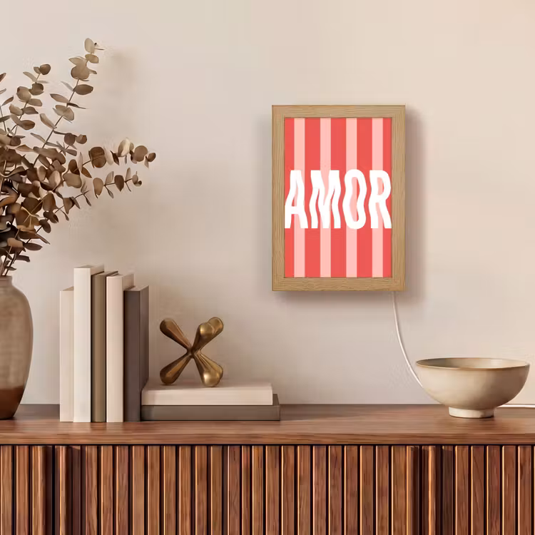 Amor - Strepen - Rood - Roze Light Box met kabel (Tafellamp) klein -sfeer2