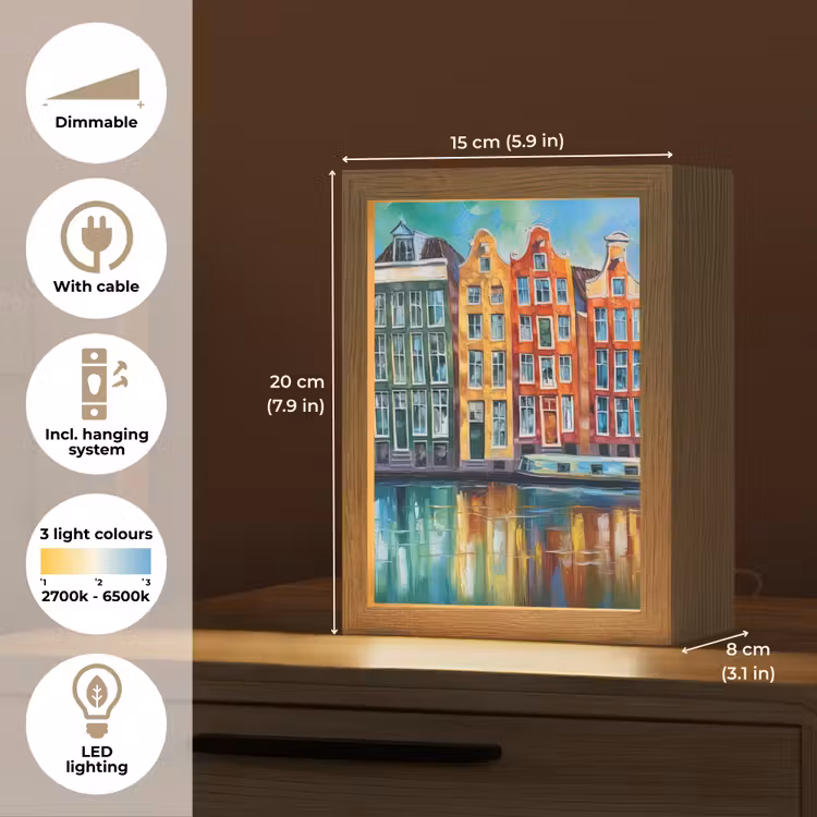 Amsterdam - Olieverf - Gracht - Schilderij - Kunst Light Box met kabel (Tafellamp) klein -USP_EN