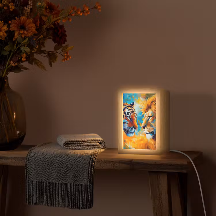 Dieren - Kunst - Leeuw - Tijger Light Box met kabel (Tafellamp) klein -sfeer4