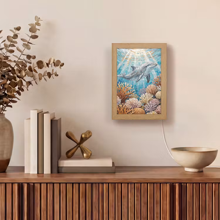 Dieren - Mozaïek - Oceaan - Koraal - Blauw Light Box met kabel (Tafellamp) klein -sfeer2