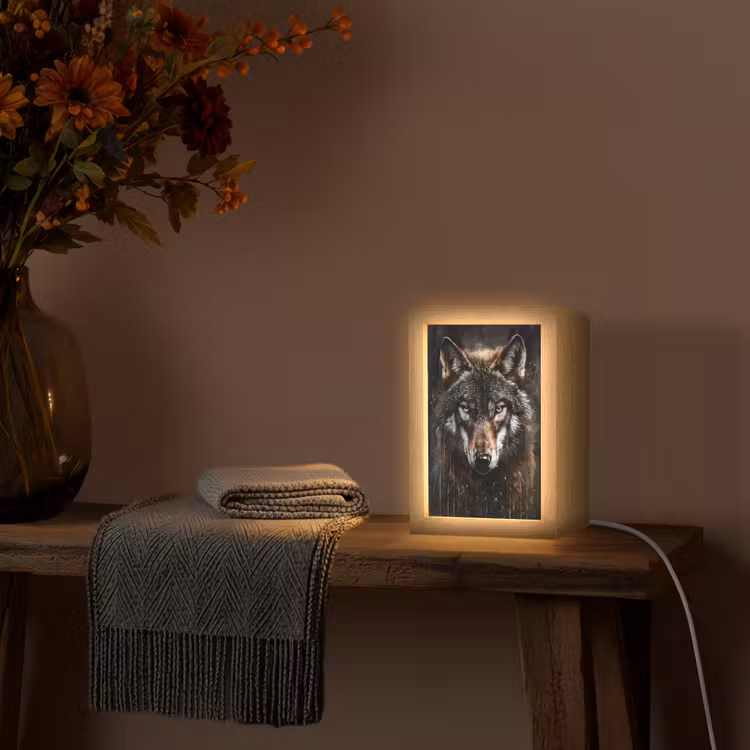 Dieren - Wolf - Portret - Zwart - Bruin Light Box met kabel (Tafellamp) klein -sfeer4