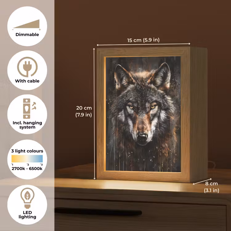 Dieren - Wolf - Portret - Zwart - Bruin Light Box met kabel (Tafellamp) klein -USP_EN
