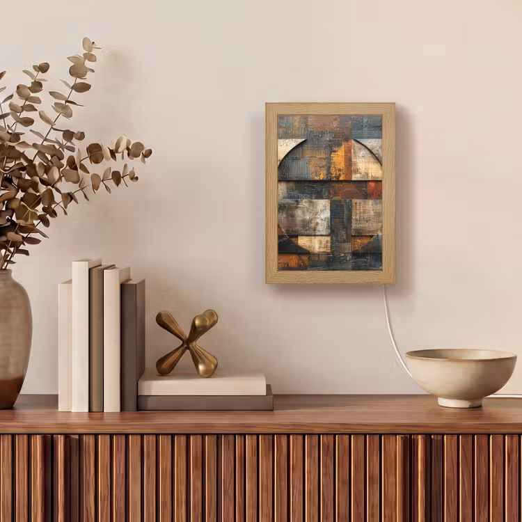 Kunst - Bruin - Abstract - Hout motief Light Box met kabel (Tafellamp) klein -sfeer2