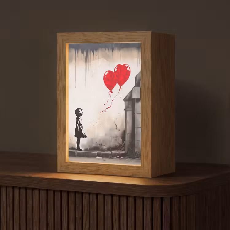 Kunst - Meisje - Ballonnen - Hart - Grijs Light Box met kabel (Tafellamp) klein -z3d_website