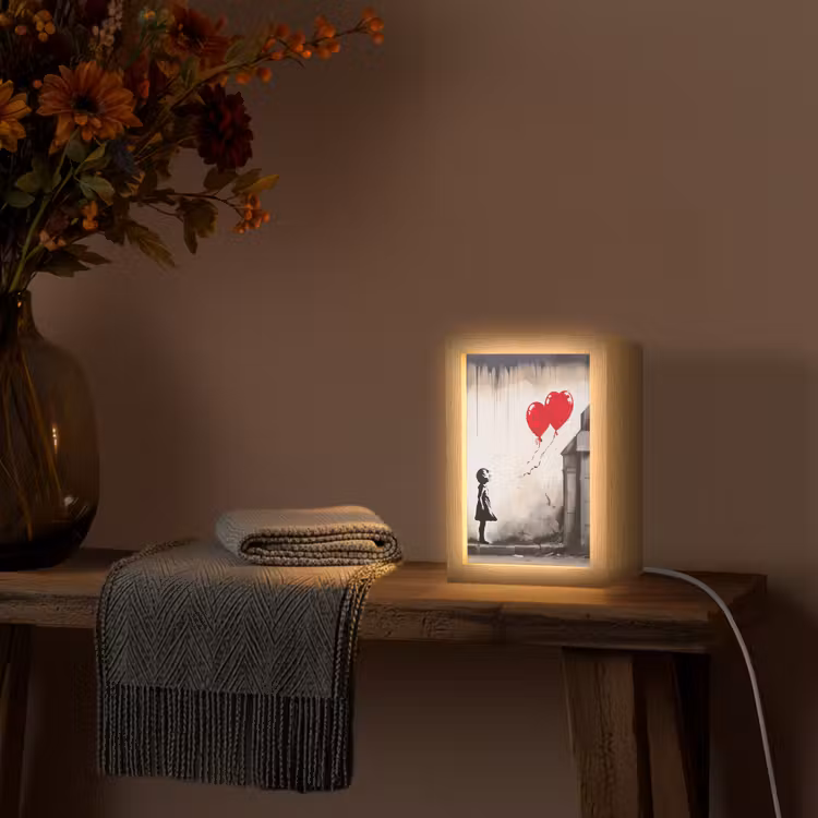 Kunst - Meisje - Ballonnen - Hart - Grijs Light Box met kabel (Tafellamp) klein -sfeer4