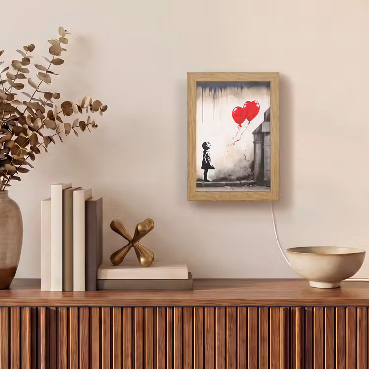 Kunst - Meisje - Ballonnen - Hart - Grijs Light Box met kabel (Tafellamp) klein -sfeer2