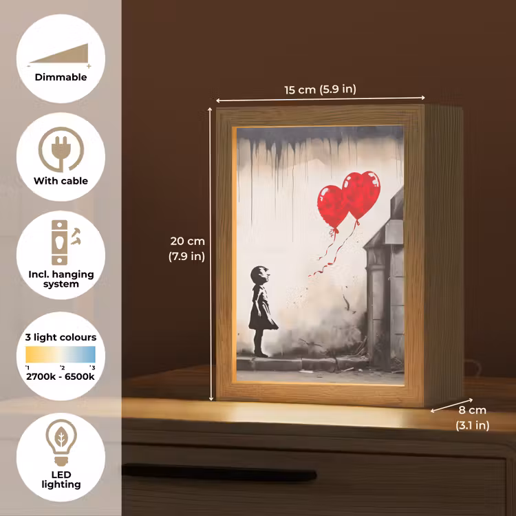 Kunst - Meisje - Ballonnen - Hart - Grijs Light Box met kabel (Tafellamp) klein -USP_EN
