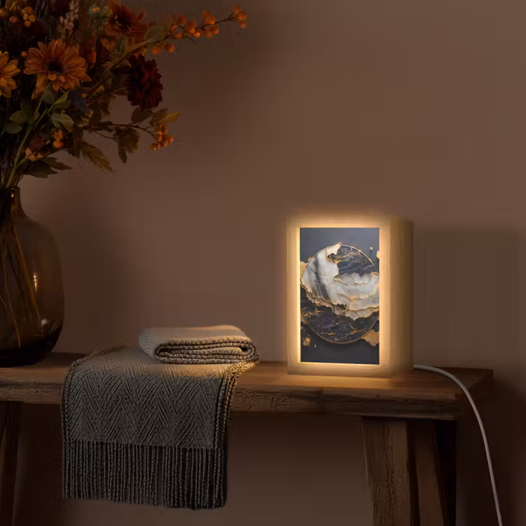Kunst - Goud - Zwart - Modern - Abstract Light Box met kabel (Tafellamp) klein -sfeer4
