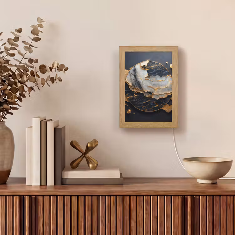 Kunst - Goud - Zwart - Modern - Abstract Light Box met kabel (Tafellamp) klein -sfeer2