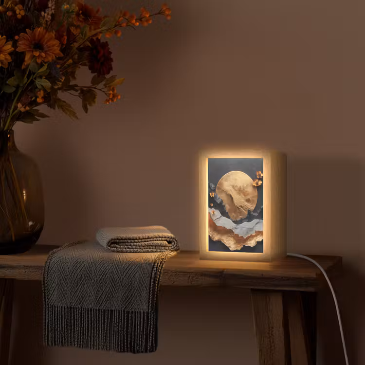 Kunst - Goud - Modern - Abstract Light Box met kabel (Tafellamp) klein -sfeer4