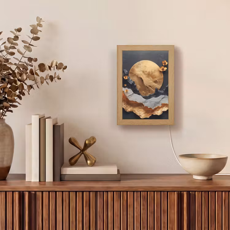 Kunst - Goud - Modern - Abstract Light Box met kabel (Tafellamp) klein -sfeer2