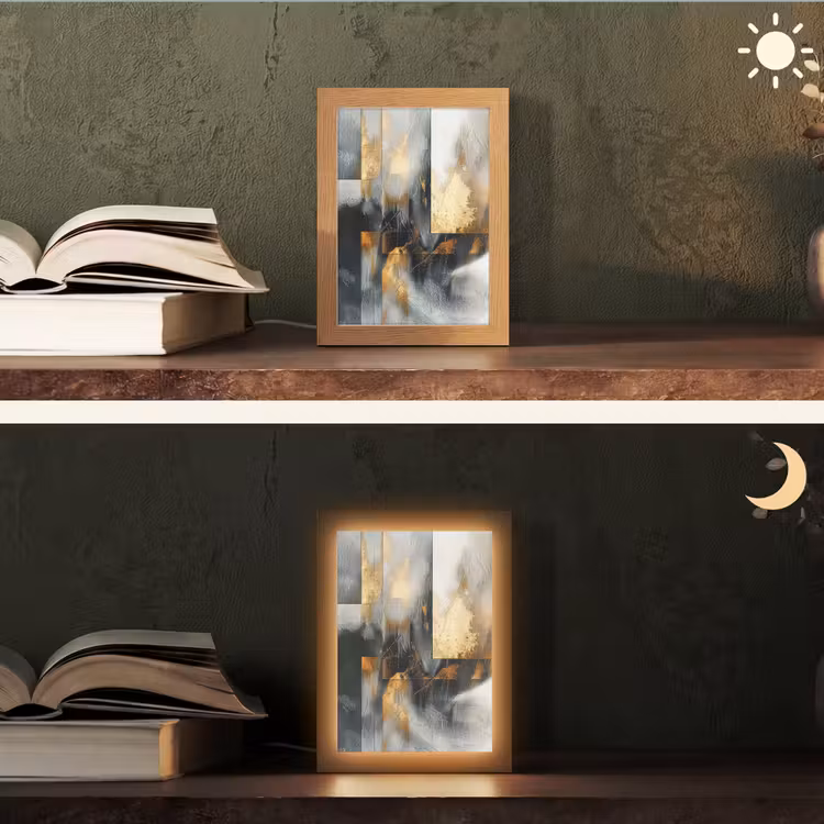 Kunst - Goud - Zilver - Abstract Light Box met kabel (Tafellamp) klein -sfeer3
