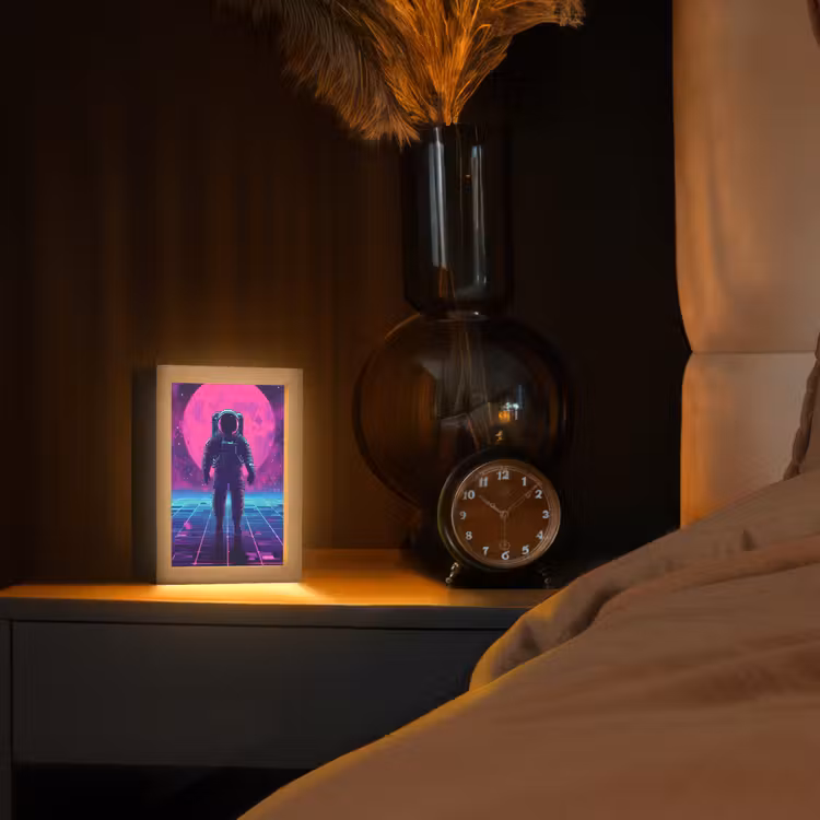 Astronaut - Maan - Roze - Sterrennevels Light Box met kabel (Tafellamp) klein -sfeer1