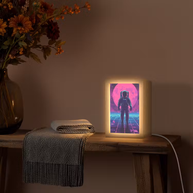 Astronaut - Maan - Roze - Sterrennevels Light Box met kabel (Tafellamp) klein -sfeer4