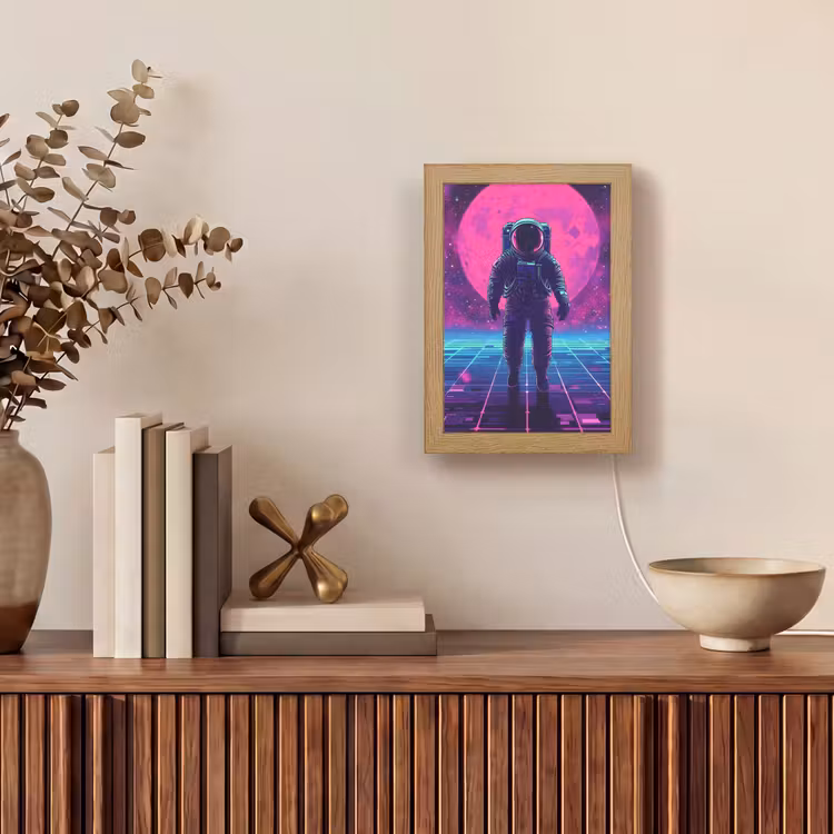 Astronaut - Maan - Roze - Sterrennevels Light Box met kabel (Tafellamp) klein -sfeer2