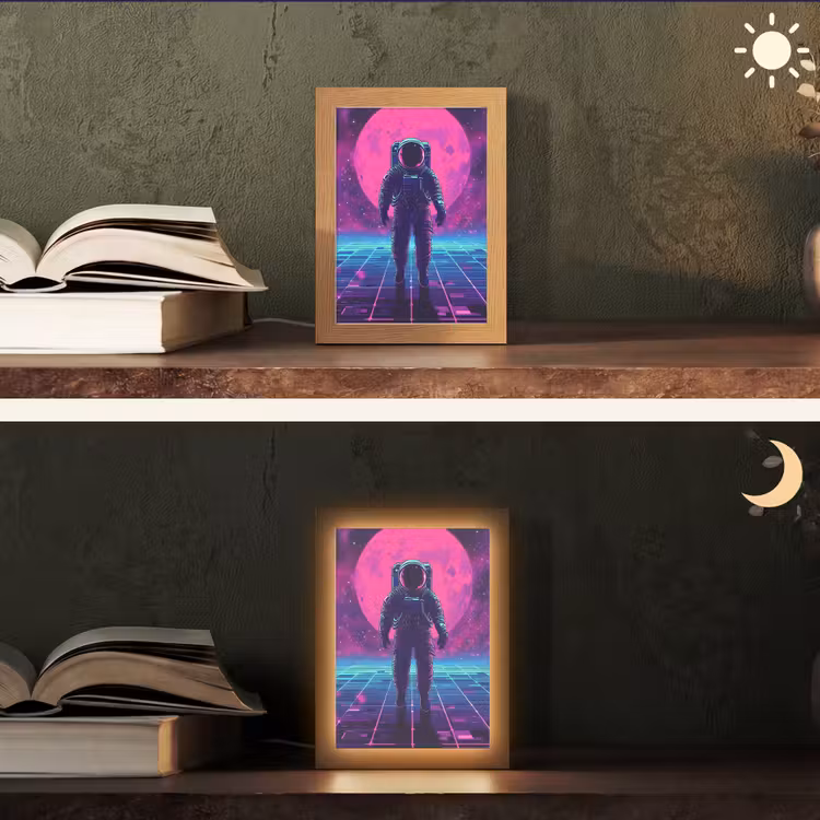 Astronaut - Maan - Roze - Sterrennevels Light Box met kabel (Tafellamp) klein -sfeer3