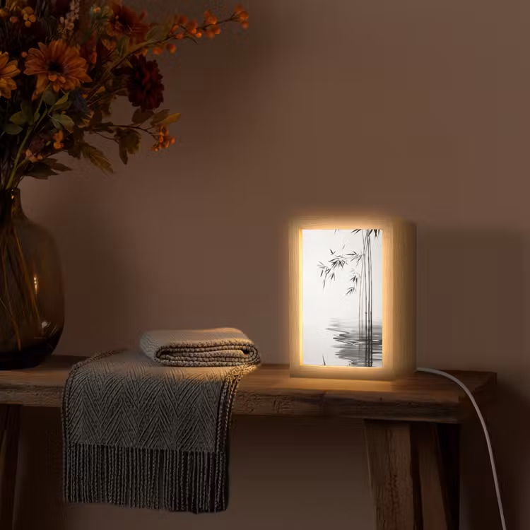 Bamboestammen - Water - Minimalistisch - Wit Light Box met kabel (Tafellamp) klein -sfeer4