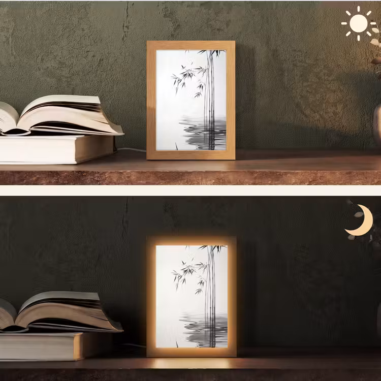 Bamboestammen - Water - Minimalistisch - Wit Light Box met kabel (Tafellamp) klein -sfeer3