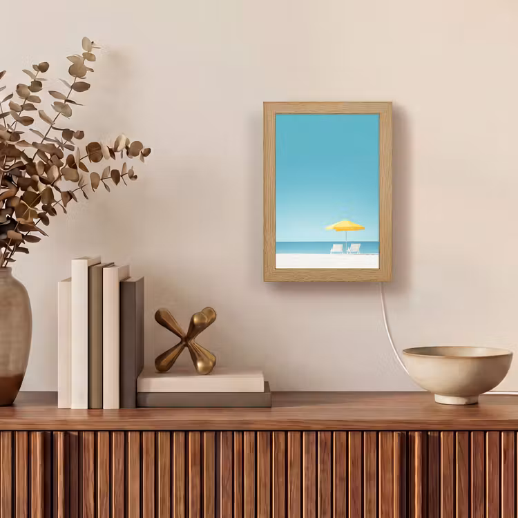 Strand - Blauwe lucht - Geel - Parasol Light Box met kabel (Tafellamp) klein -sfeer2