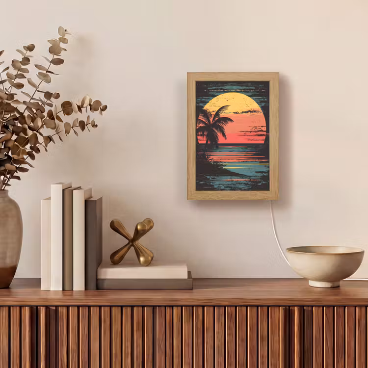 Strand - Minimalistisch - Zon - Oranje Light Box met kabel (Tafellamp) klein -sfeer2
