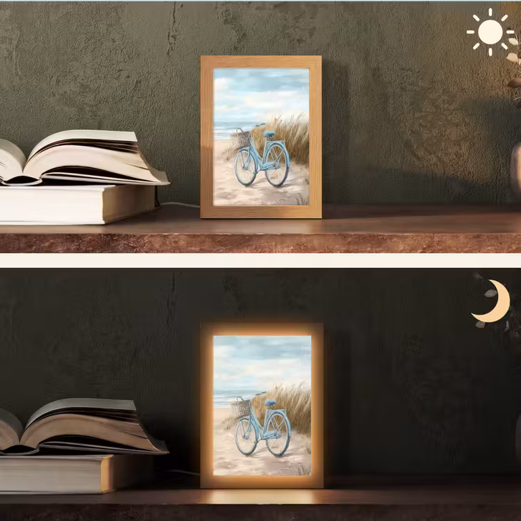 Strand - Zee - Fiets - Vintage - Bloemen Light Box met kabel (Tafellamp) klein -sfeer3