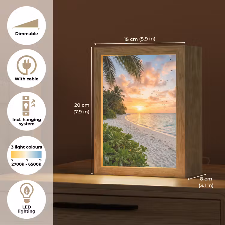 Strand - Zonsondergang - Palmbomen - Tropisch - Natuur Light Box met kabel (Tafellamp) klein -USP_EN