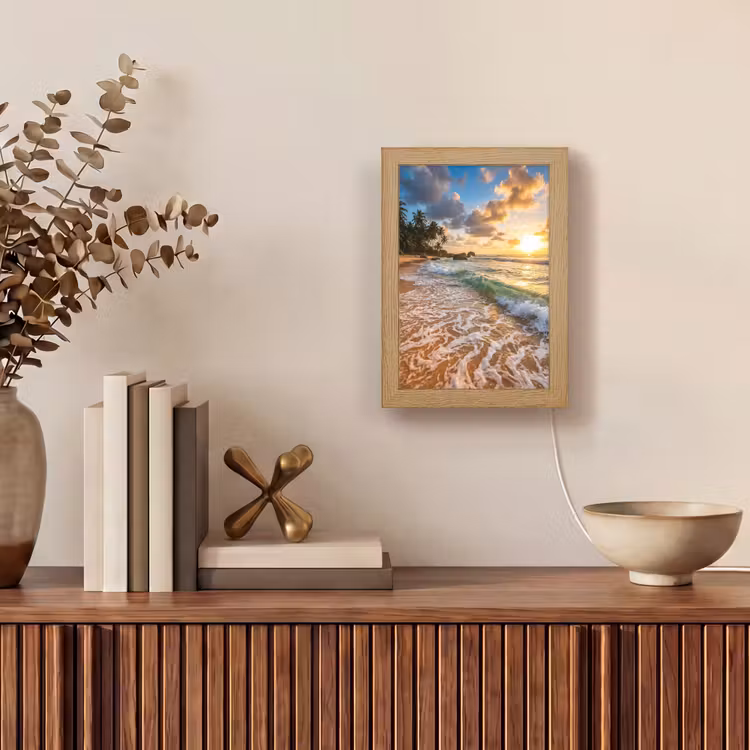 Strand - Zonsondergang - Golven - Natuur - Goud Light Box met kabel (Tafellamp) klein -sfeer2