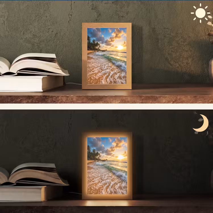 Strand - Zonsondergang - Golven - Natuur - Goud Light Box met kabel (Tafellamp) klein -sfeer3