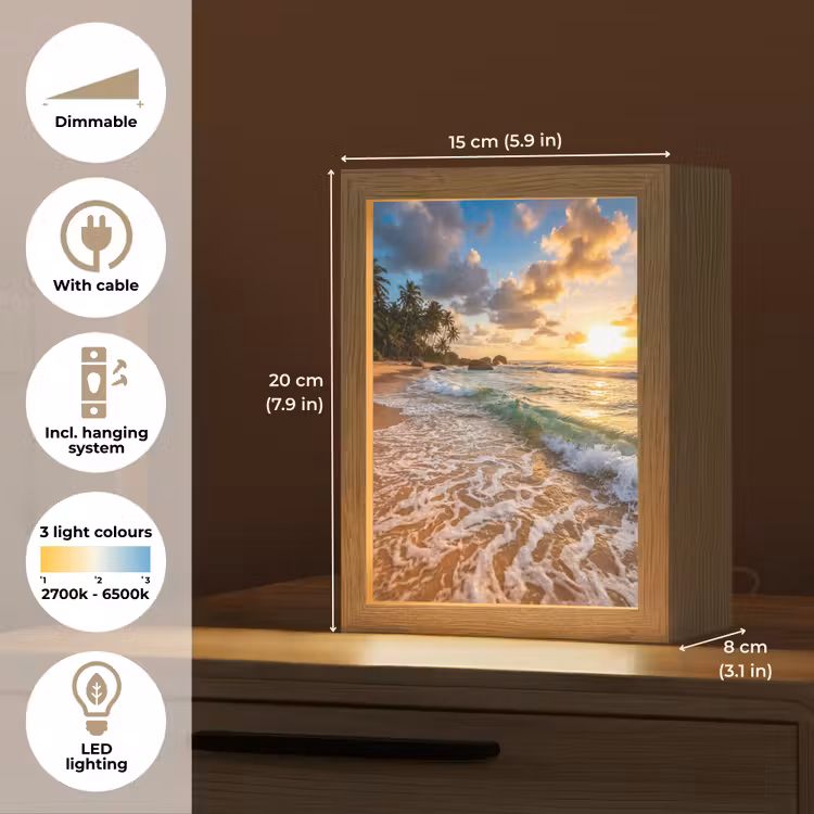Strand - Zonsondergang - Golven - Natuur - Goud Light Box met kabel (Tafellamp) klein -USP_EN