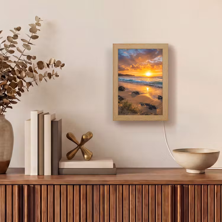 Strand - Zonsondergang - Golven - Natuur - Oranje Light Box met kabel (Tafellamp) klein -sfeer2