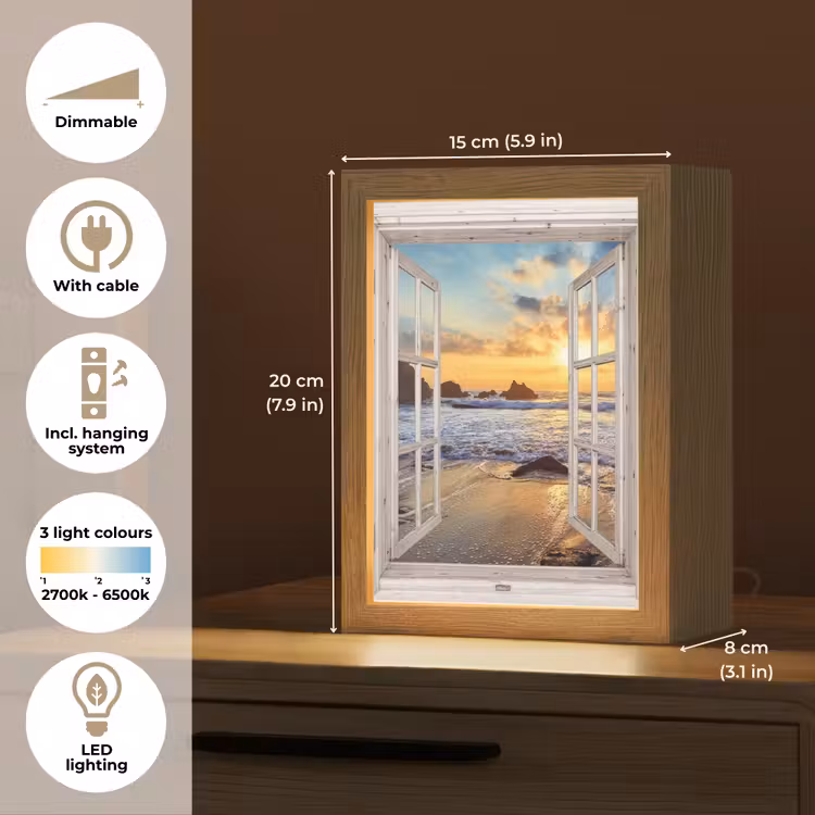 Strand - Doorkijk - Zonsondergang - Landschap - Zee - Natuur Light Box met kabel (Tafellamp) klein -USP_EN
