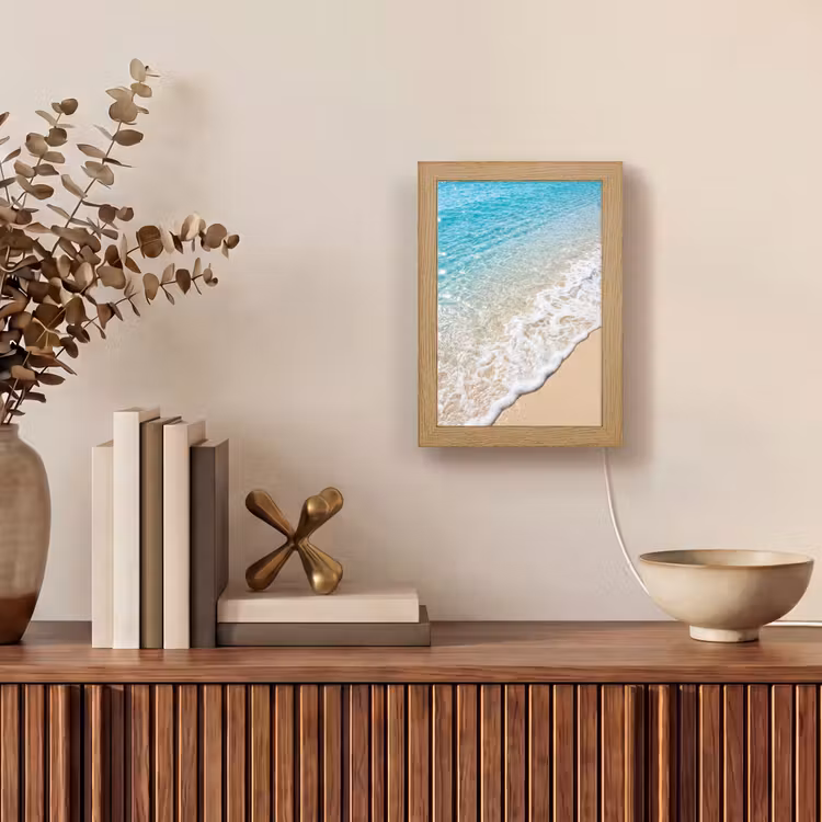 Strand - Water - Natuur - Blauw - Beige Light Box met kabel (Tafellamp) klein -sfeer2