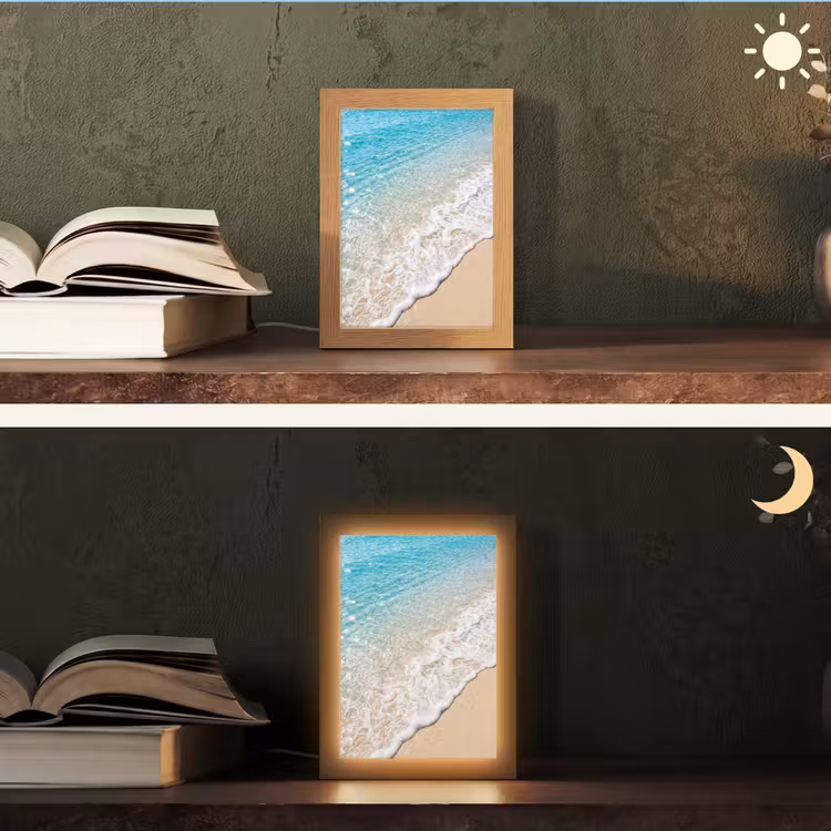 Strand - Water - Natuur - Blauw - Beige Light Box met kabel (Tafellamp) klein -sfeer3
