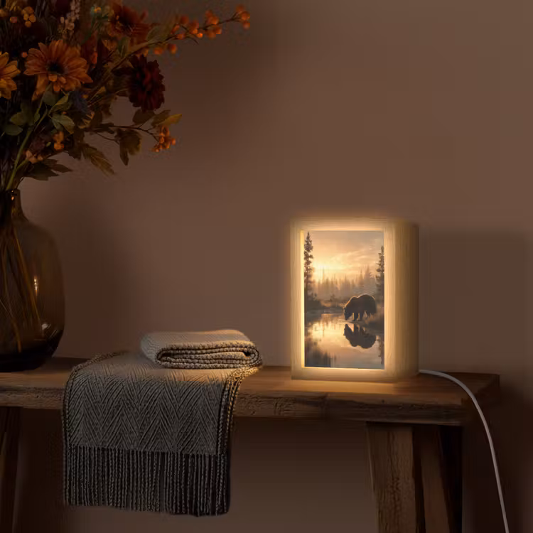 Beer - water - Bos - Ochtendlicht Light Box met kabel (Tafellamp) klein -sfeer4