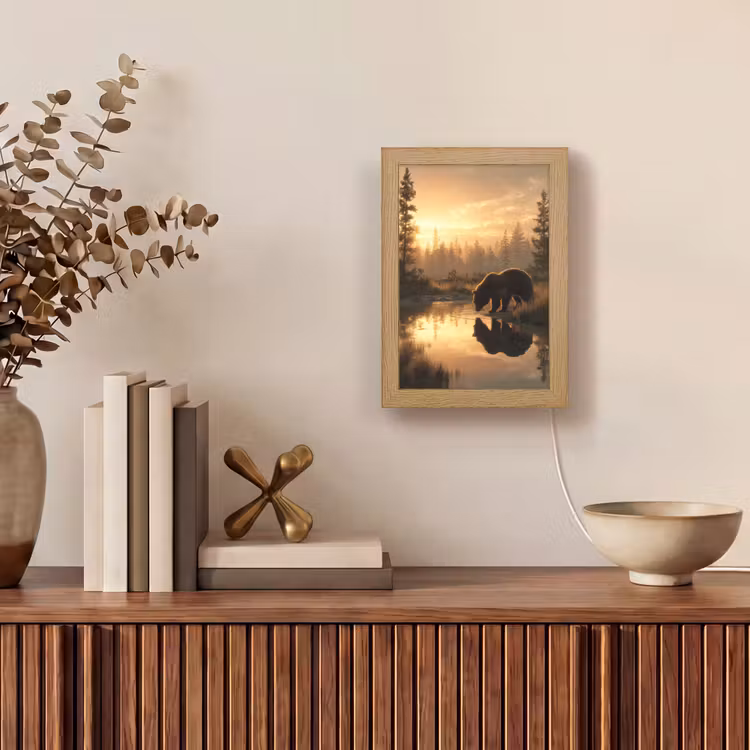 Beer - water - Bos - Ochtendlicht Light Box met kabel (Tafellamp) klein -sfeer2