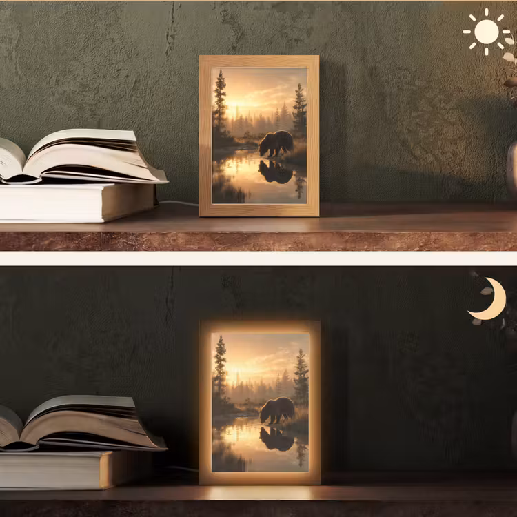 Beer - water - Bos - Ochtendlicht Light Box met kabel (Tafellamp) klein -sfeer3
