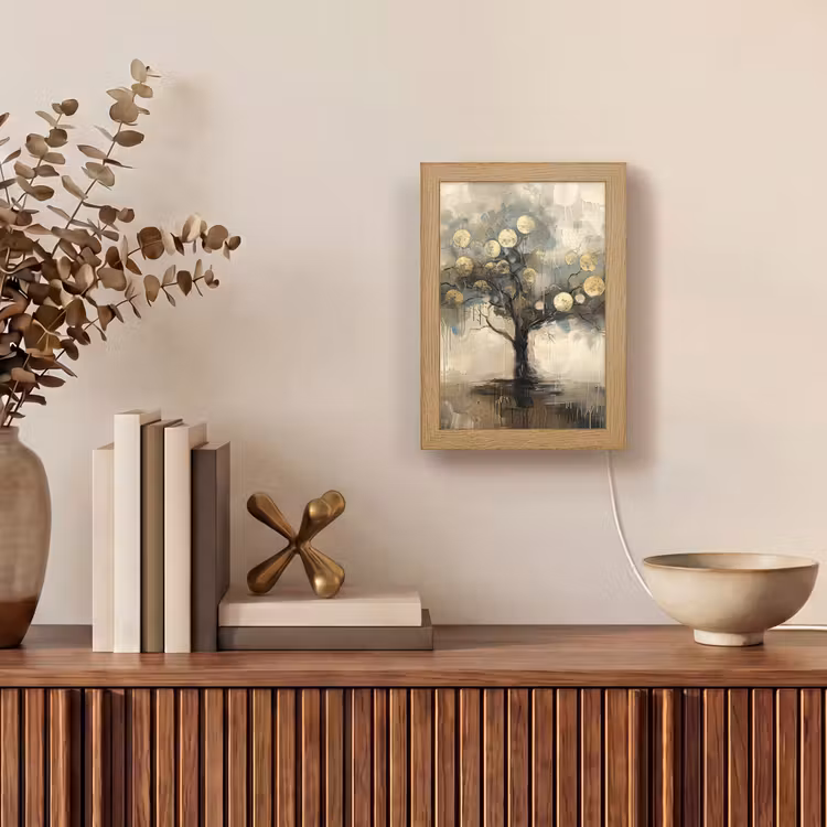 Beige - Abstract - Boom - Goud Light Box met kabel (Tafellamp) klein -sfeer2