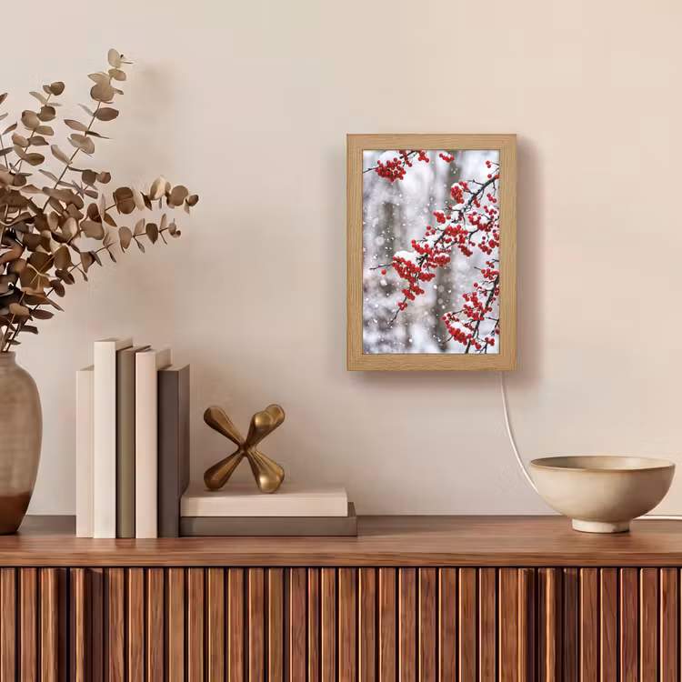 Bessen - Takken - Sneeuw - Winter - Kleurrijk Light Box met kabel (Tafellamp) klein -sfeer2