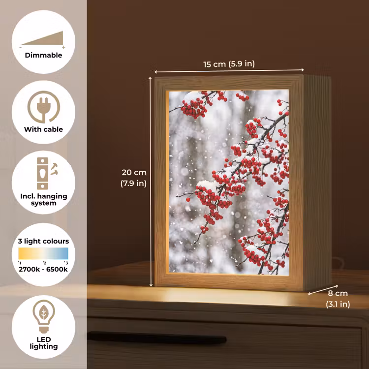 Bessen - Takken - Sneeuw - Winter - Kleurrijk Light Box met kabel (Tafellamp) klein -USP_EN