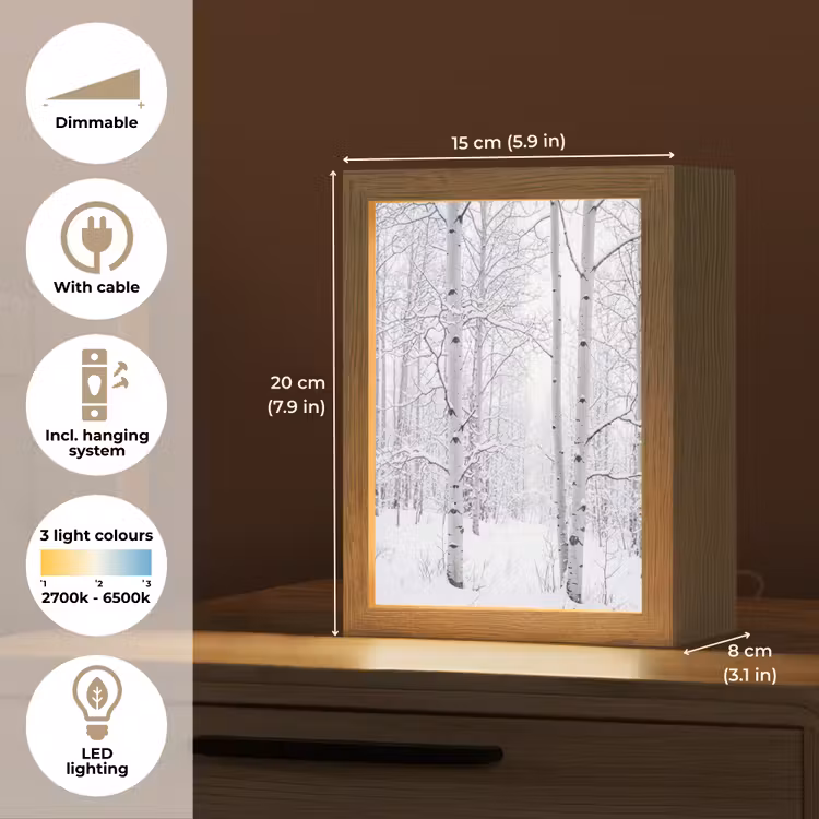 Berkenbomen - Sneeuw - Winter - Bos - Wit Light Box met kabel (Tafellamp) klein -USP_EN